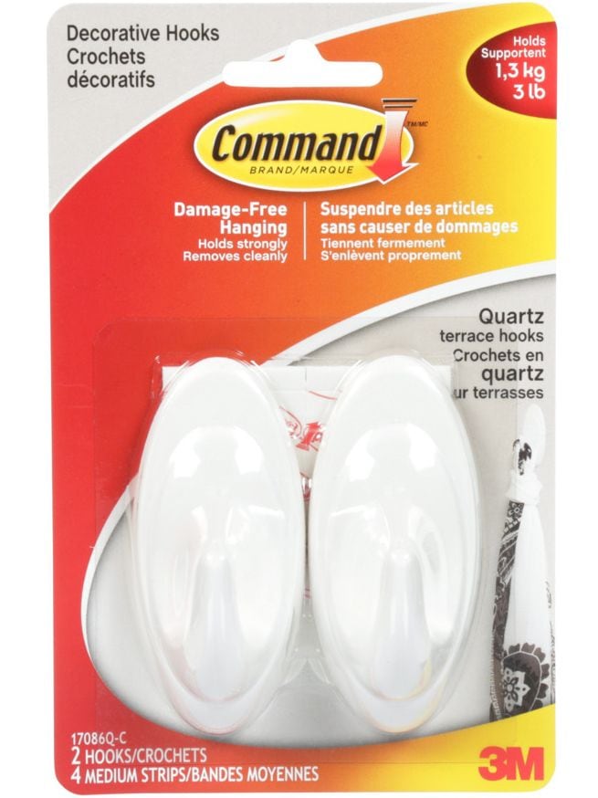 Decorative Quartz Terrace Hooks with Adhesive Strips, White, 3-lbs, 2 Strips per Pack