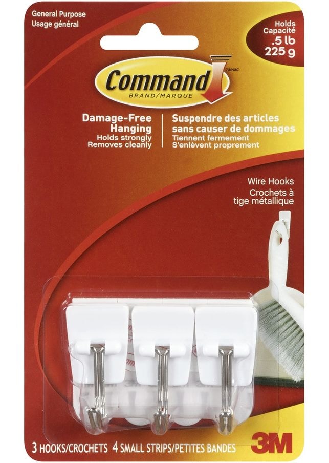 Micro Wire Utensil Hooks with Adhesive Strips, White, 0.5-lbs, 3 Strips Per Pack