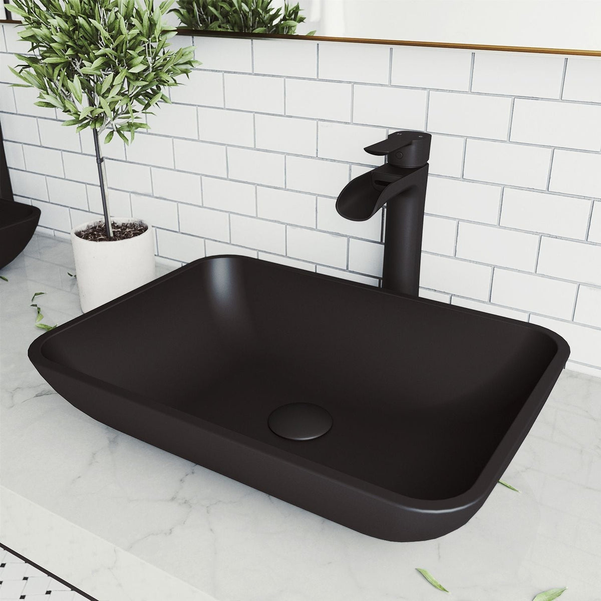 Sottile Matte Black Bathroom Sink/Basin Set with Niko Faucet and Glass Rectangular Vessel