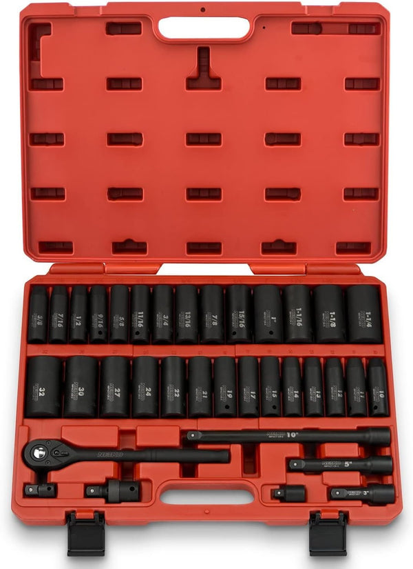 02448A 1/2" Drive Master Impact Socket Set, 65 Piece, Standard SAE (3/8"-1-1/4") & Metric (10-24 mm) Sizes, Deep & Shallow Kit, Includes Adapters & Ratchet Handle S1981