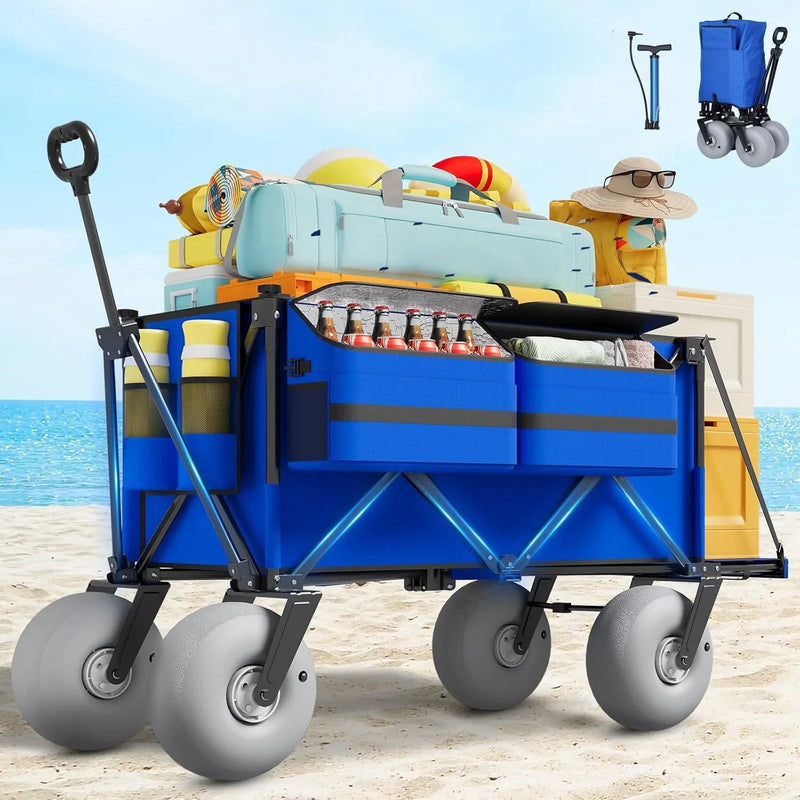 Beach Wagon with Big Wheels for Sand - 450lbs Load Heavy Duty Wagons Carts Foldable with 9" All Terrain Inflatable Tires, Collapsible Beach Cart for Grocery Shopping Garden Sports Camping Outdoor F7170