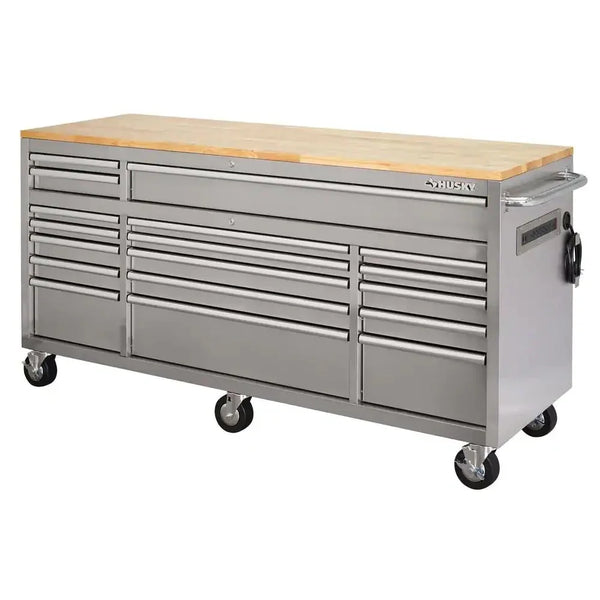 72 in. 18-Drawer 24 in. D Mobile Workbench with Solid Wood Top Stainless Steel L6603