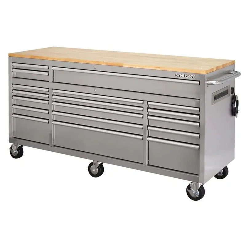 72 in. 18-Drawer 24 in. D Mobile Workbench with Solid Wood Top Stainless Steel L6603