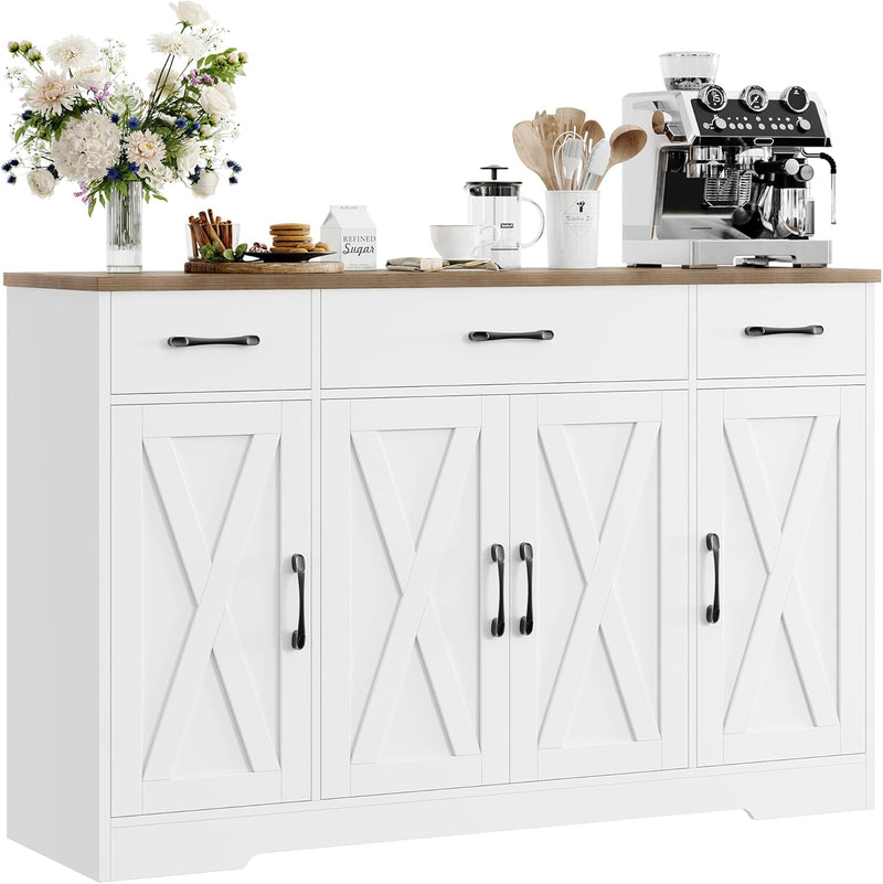 Drawer-equipped buffet-style cabinet, 55-inch large side cabinet-style storage unit with shelves and 4 doors, modern country-style coffee bar-style cabinet, wooden kitchen and dining room storage unit, white/rustic style Z904