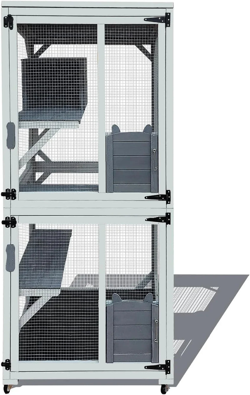 62.6-inch wooden outdoor cat house, large cat cage room, equipped with 7 platforms, 2 rest boxes and a rainproof roof, suitable for multiple pets to use. Step-in cat apartment shelter, white model Q1621