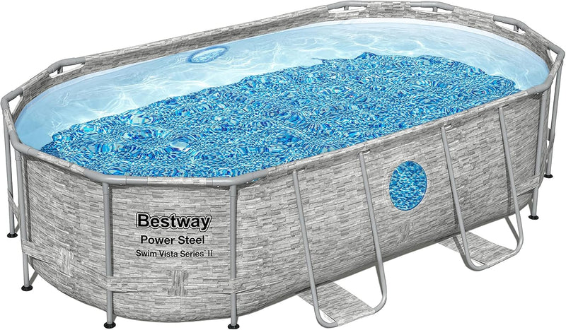 The robust steel swimming pool " Series II" - a 14 feet x 8 feet 2 inches x 39.5 inches outdoor above-ground pool package, equipped with a 530 liter/minute filtration pump, ladder and pool cover. I2810