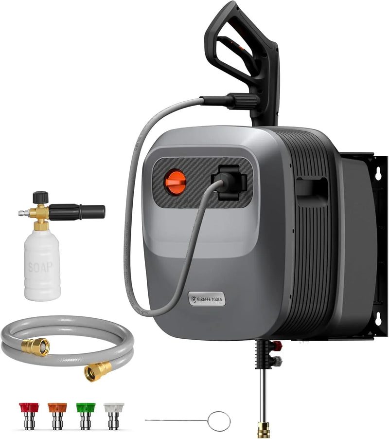 Pressure Washer G20 Pro, 2500 PSI 2.2 GPM, 180° Wall Mounted Power Washer, Auto-retract with 65FT Hose Reel, 5 Nozzles for Floor/Cars/Fences/Patios, Dark Silver N1907