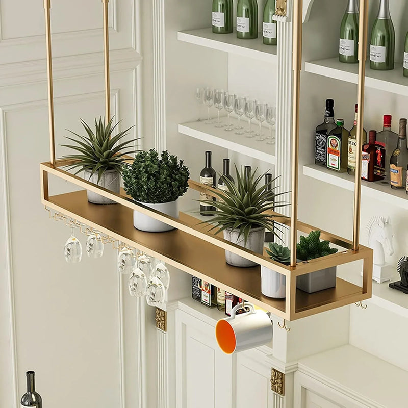 Wall Mounted Wine Rack for Bars & Restaurants Gold Metal Hanging Storage for Wine Bottles & Stem Glasses Perfect for Dining Room & Kitchen Decor Space Saving Design Y3086
