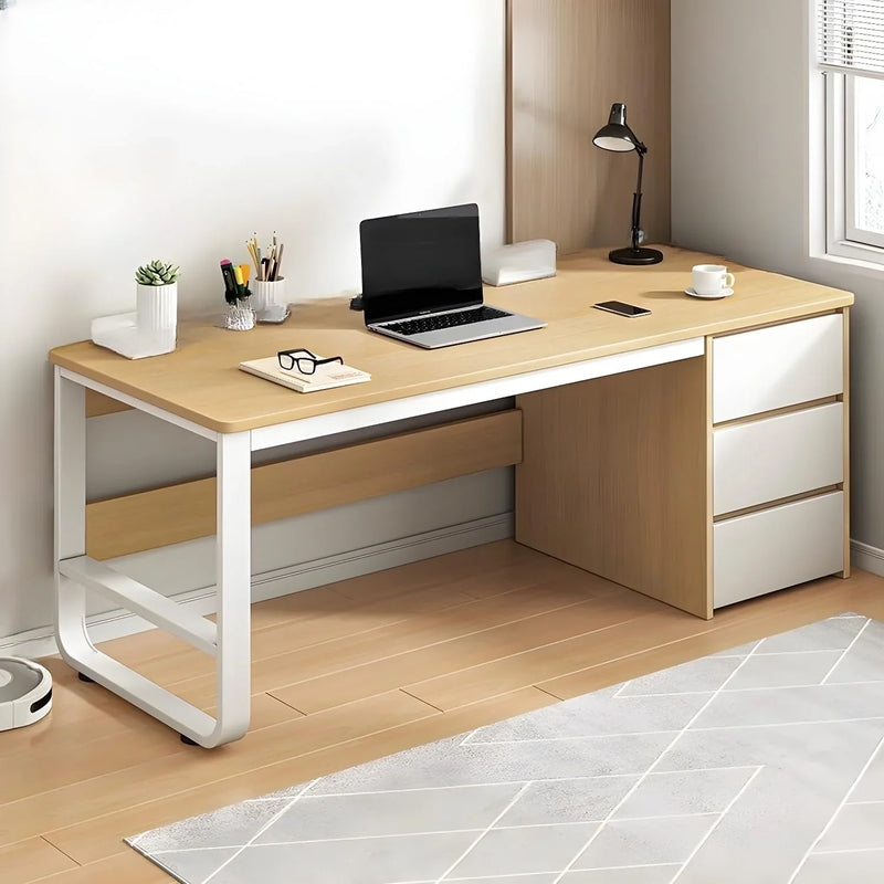 This stylish and modern office desk features an integrated cable management system, a wooden desktop, and a rectangular shape. It comes with three drawers and is ideal for both office and home use. Available in brown, it measures 63 inches in length C2101