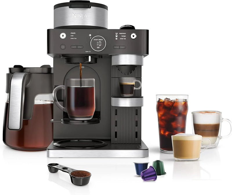 Italian espresso machine and coffee-making system, featuring three espresso brewing modes, supporting single-portion coffee and capsules, with a built-in frother, capable of making Italian espresso, cappuccino and latte. Black style. O762