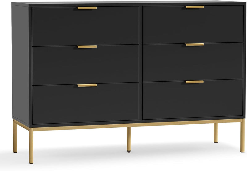 Black Dresser for Bedroom, Modern 6 Drawer Dresser, Chest of Drawers Closet Organizers and Wood Storage Clothes, White Dresser with Golden Handles Room, Hallway M2704