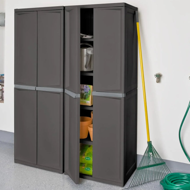 Storage Cabinet, Rugged Plastic Garage Organizer with Double Doors, 4 Adjustable Shelves, Gray A1180