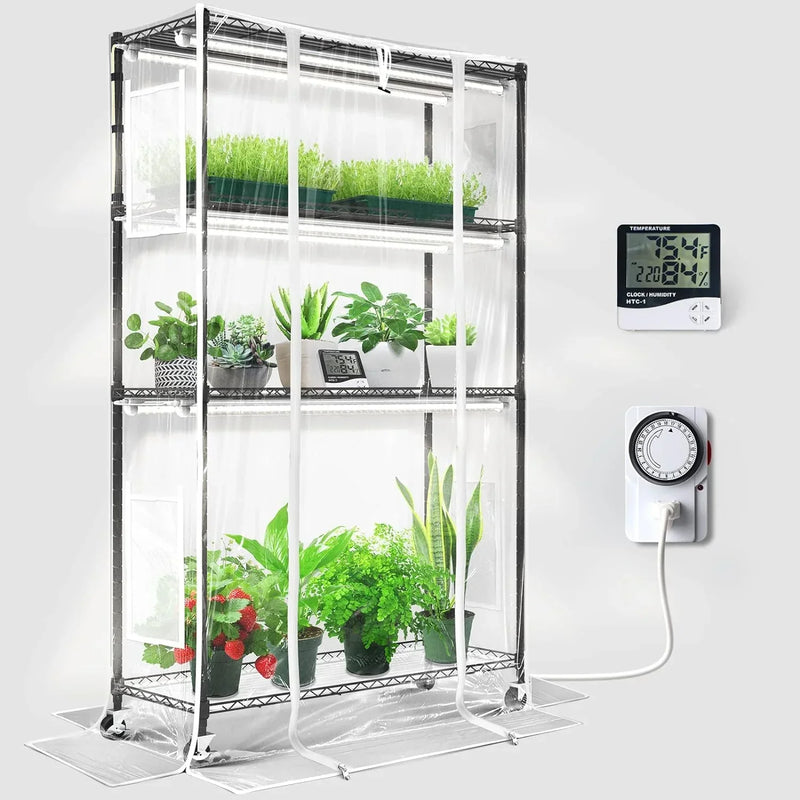 Barrina Mini Greenhouse with LED Grow Light for Indoor Plant, 4-Tier Portable Metal Plant Stand with Wheels, Plant Shelf with Tent, 6Pcs Plant Light with Timer and Thermo-Hygrometer, 35.4x13.8x59IN Q6425