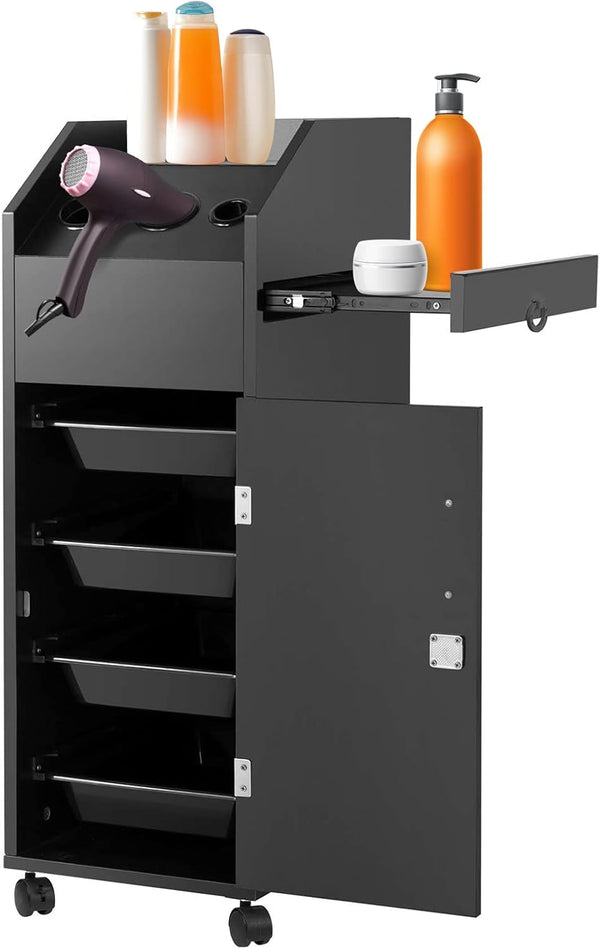 Hair Salon Trolley Cart Salon Storage Cart Rolling Salon Cart with Wheels Lockable Drawers Hair Dryer Holders Side Tray for Barbershop Tattoos Beauty Hairdresser Station, Black Q0765
