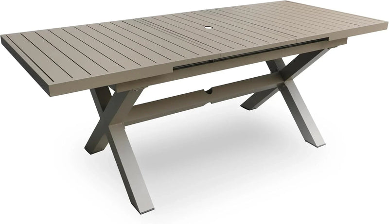 Extendable Patio Dining Table for 6-8, 63''-83'' Outdoor Aluminum Table w/Umbrella Hole, Rectangle Slatted Tabletop, Metal X-Trestle for Meals Garden Deck Backyard Gathering Party - Light Brown S5960