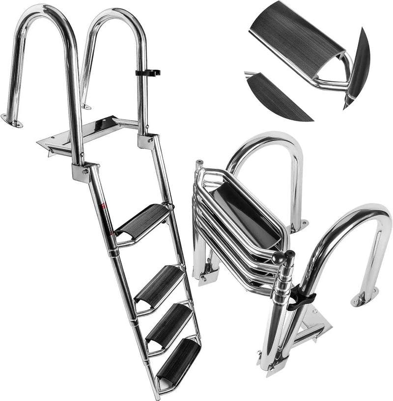 4 Steps Telescoping Boat Ladder Reinforce Dock Ladder Heavy Duty Swim Deck Ladder with Hand Railings and Extra Wide Steps O2716