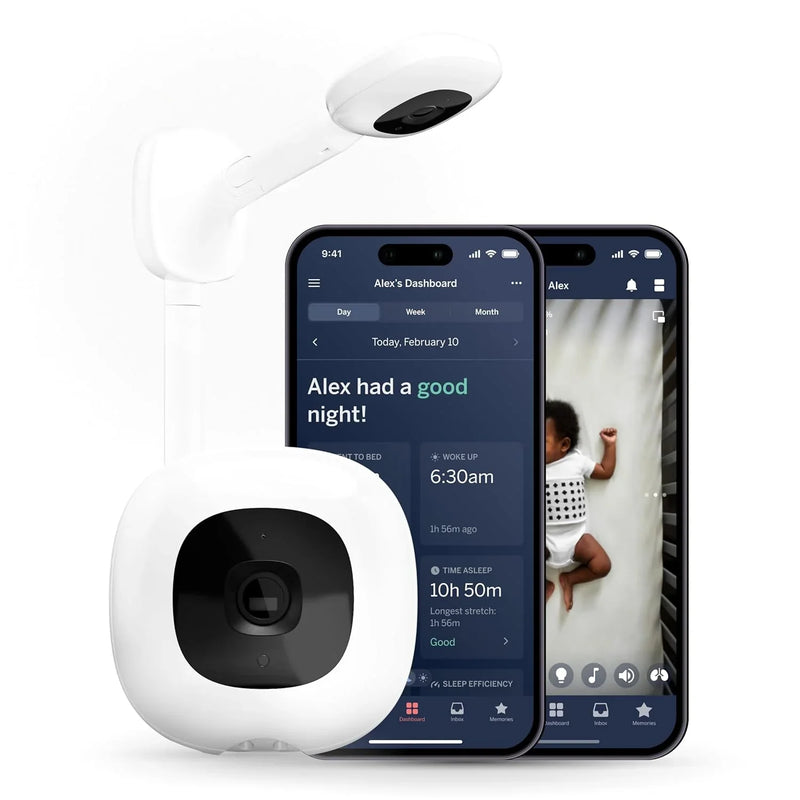 Smart baby monitor and wall-mounted device - 1080p security Wi-Fi video camera, sensor-free sleep and breathing motion tracker, two-way audio, sound and motion alerts, night vision function, breathing band - white E5597