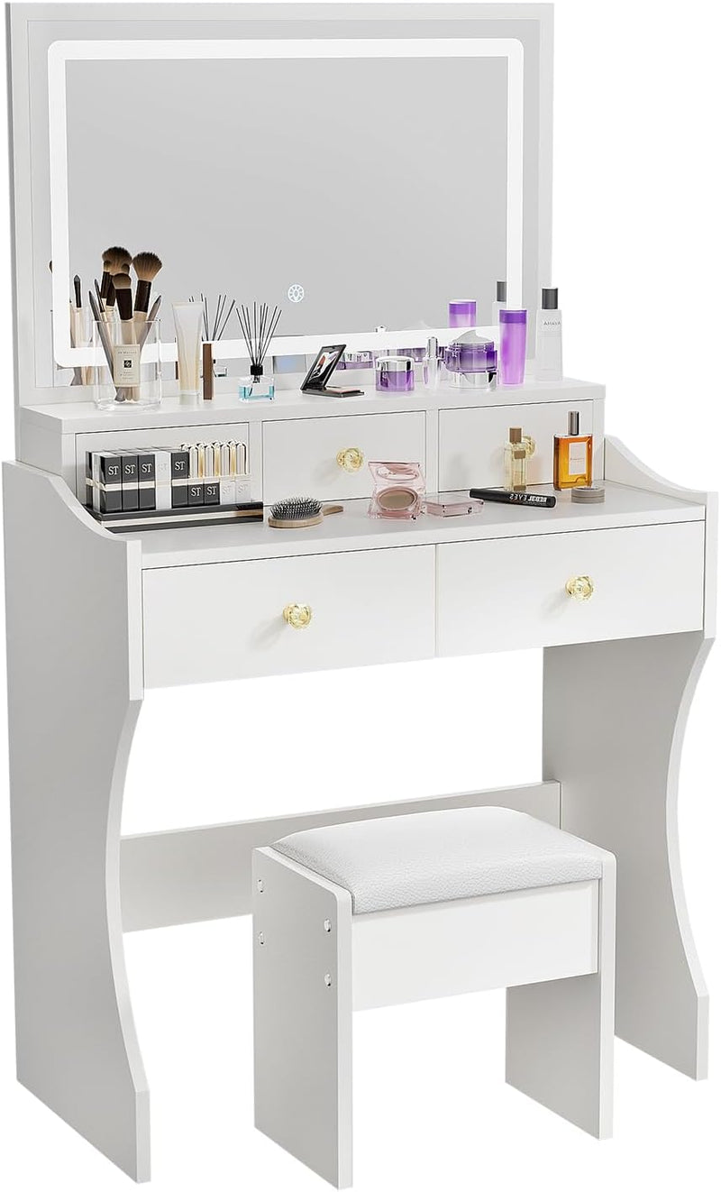 Makeup Table with Extra Large Mirror and Lights, 80cm Dressing Table with Stool J4934