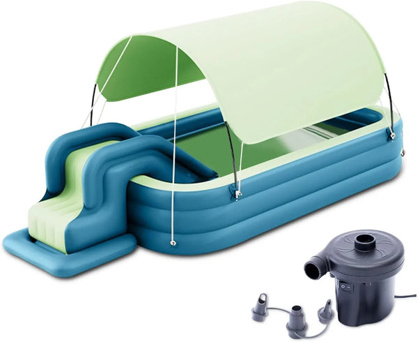 Inflatable Swimming Pool with Water Slide, Inflatable Slide Water Pool with Awning, Inflatable Mega Bouncy Castle Water Park, Swim Centre Pools for Backyard, Garden, Summer Water Party I3597