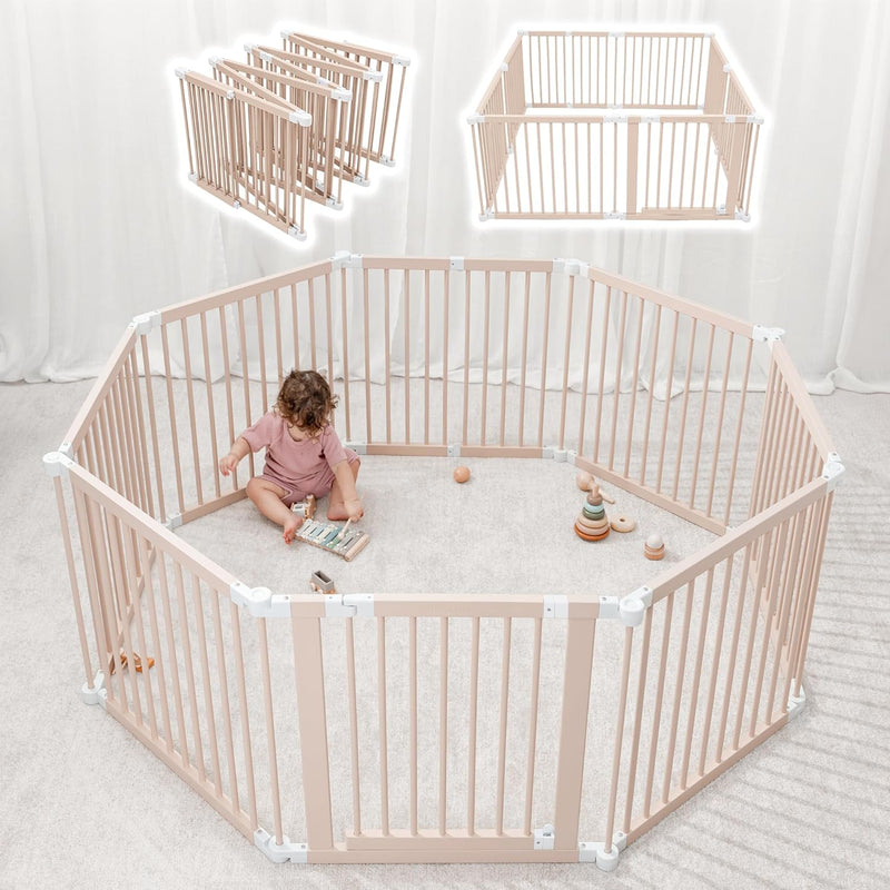 Baby Playpen & Gate - 144 x 144 x 63 cm, Extends Up to 579 cm - Pine Wood Foldable Playpen with Child-Proof Lock - Safe Play Fence Easy Assembly Baby Play Yard - Light Wood White E1570