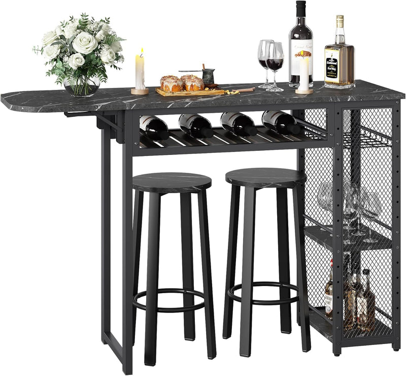 Bar Table and Chair Set, Industrial Expandable Dining Table with 2 Bar Stools, Kitchen Counter with Wine Rack & 3 Tier Adjustable Storage Shelves Rustic Brown M9662