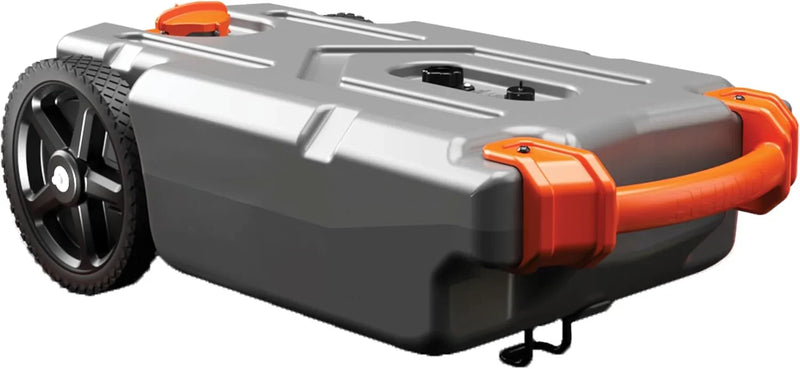 28-gallon portable camping vehicle/rv travel tank | Equipped with 2 controllable non-flat-front wheels and built-in valve | Includes detachable 24-inch tow bar, 3-foot sewage hose and other RV accessories N1649