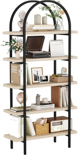 Yusong Bookshelf Rattan Arched Bookcase, 74" Tall Industrial Open Book Shelves Room, Modern Freestanding Boho 5 Tier Display Storage Rack with Metal Frame, Office, Bedroom, Burlywood