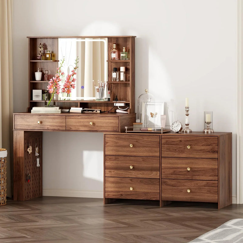 Makeup Vanity Desk with Mirror and Lights, Vanity Desk with 8 Drawers & Storage Shelves, Vanity Table with Power Outlet, 3 Color Modes & Adjustable Brightness Dressing Table, Bedroom,White2 U7828
