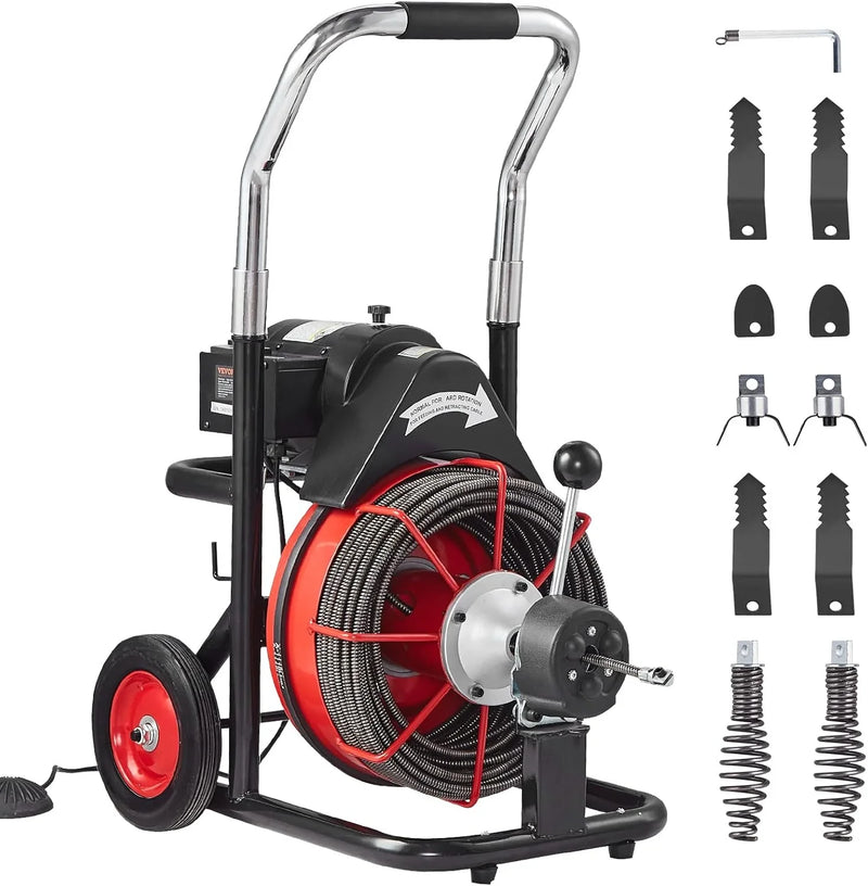 Drain Cleaner Machine 100FT x 1/2 Inch, Auto Feed Sewer Snake Auger on Wheels, 550W Portable Drain Cleaning Machine with 8 Cutters & Air-activated Foot Switch for 2" to 4" Pipes C3234