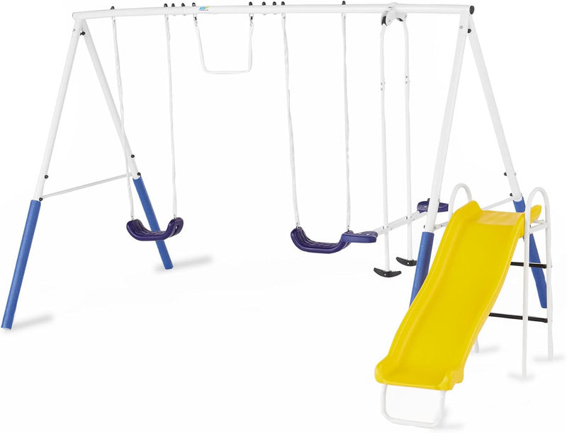 Recreation Blue Ridge Backyard Playground Set Sturdy Metal A Frame Swing with Chain Covers, Glider, Trapeze, 2 Swings, and Slide, Multicolor I4281