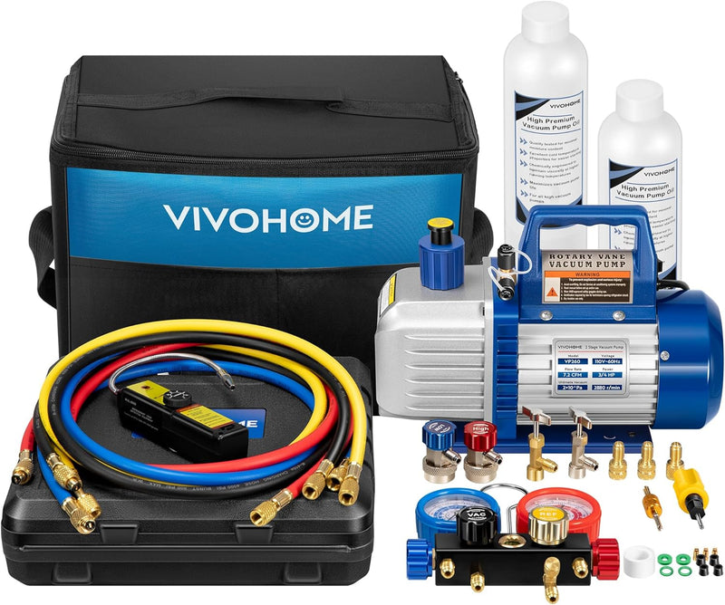 110V 1/4 HP 3.5CFM Single Stage Rotary Vane Air Vacuum Pump and AC Manifold Gauge Set Kit with Thermometer for R134a R12 R22 R502 R410a HVAC Air Conditioning Refrigeration Recharging Red J7290