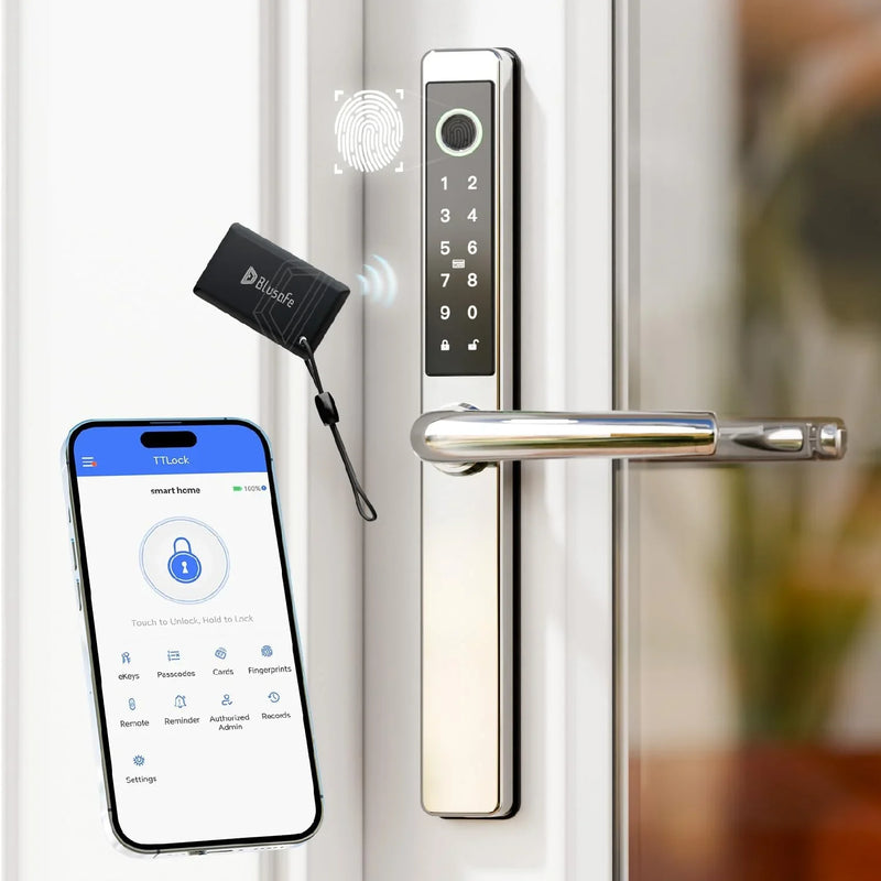 Smart Lock Fingerprint Door Lock with IC Card & App Control, Keyless Entry Smart Door Lock for 40–75mm Doors, Multipoint Locking System Door Lock Apply toWooden/Metal/PVC Door (OS Frosted Silver) E7462