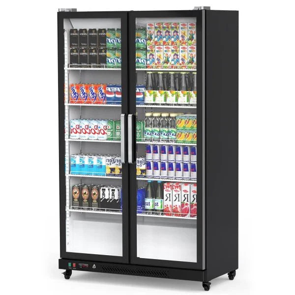 Commercial Refrigerator, Glass Door with LED Lighting – Upright Beverage Display Cooler for Home, Store, Gym, or Office, Featuring Double Swing Doors and 39 cu.ft V6793