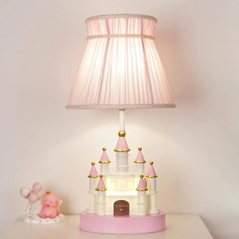 Cartoon children's table. Light pink bedside table. Princess-style cute castle-shaped resin material lamp for girls' bedroom and living room, with fabric shade cover. U2893