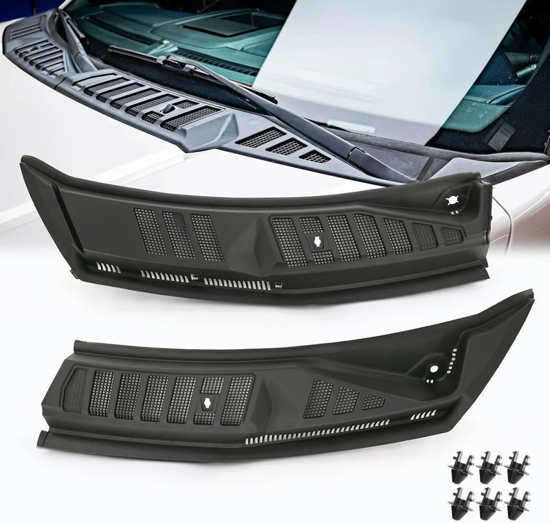 The front windshield wiper cover panel grille is compatible with the 2009 - 2014 models of F150. It features two front insert panels on both the left and right sides. V2086