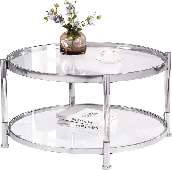 A round coffee table with a metal frame, the surface is made of chrome-plated acrylic glass. D0504