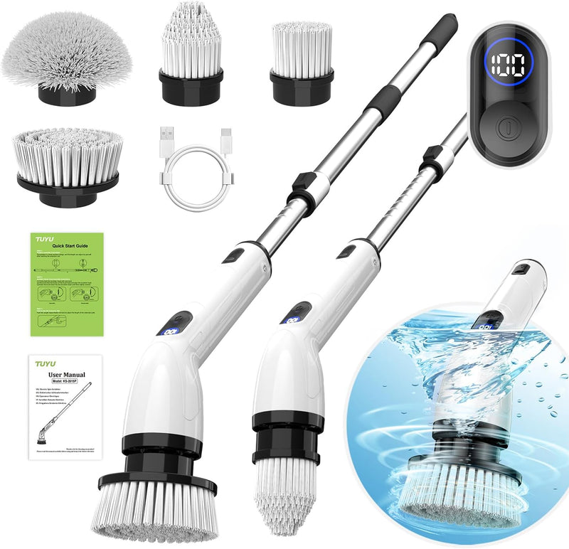 Electric Spin Scrubber, Full-Body IPX7 Waterproof Bathroom Scrubber with Power LCD Display, Adjustable Extension Handle, Cordless Shower Cleaner Brush for Bathtub Kitchen Wall Cleaning P7475
