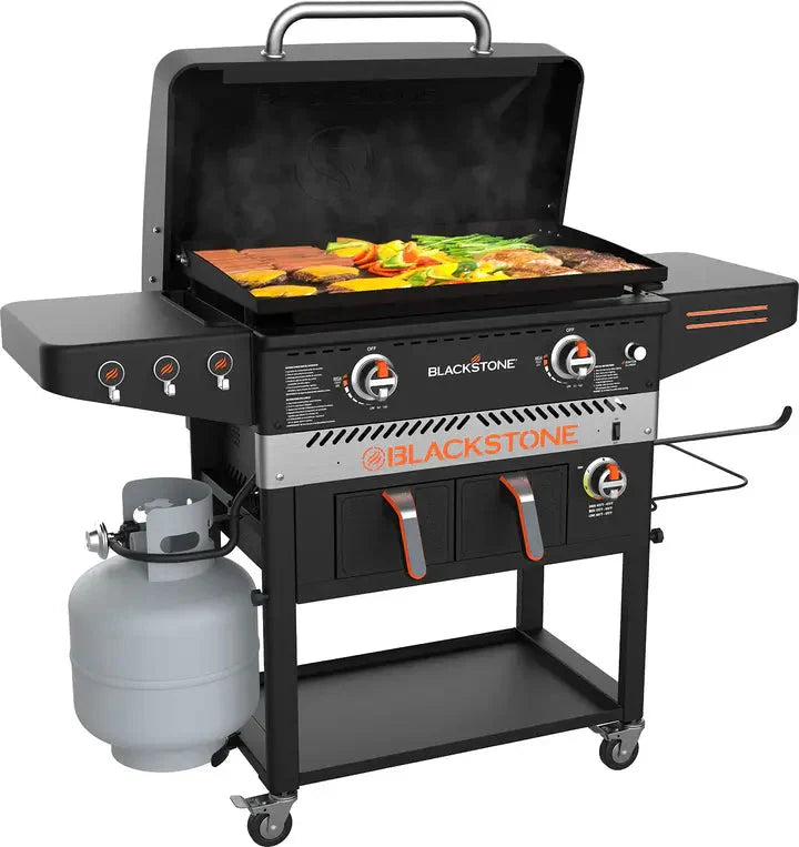 1962 Air Fryer Combo & Two Burners Stainless Steel Gas Hood, Wheels, Two Side Shelf – Heavy Duty Outdoor Griddle Station for Backyard, Patio, 28 inch Black O9489