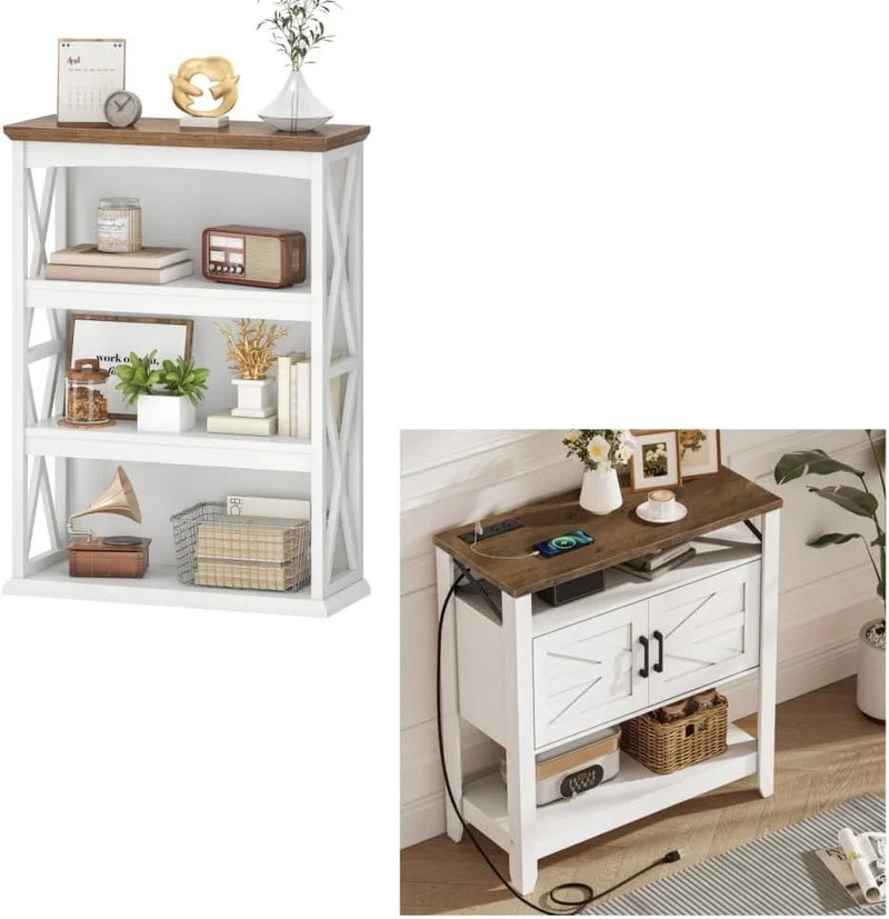 Farmhouse Sofa Table with Power Outlet-4-Tier Bookcase, 42.9" Floor Standing Organizer Shelf Y5702