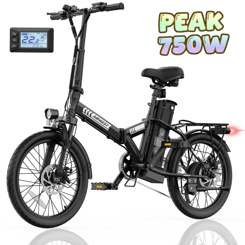 AIRWEST 20 in Foldable Electric Bike for Adults, Compact Commuter eBike with 500W Motor 750W Peak, Removable 48V 7.8Ah Battery, 50 Miles PAS... E8822