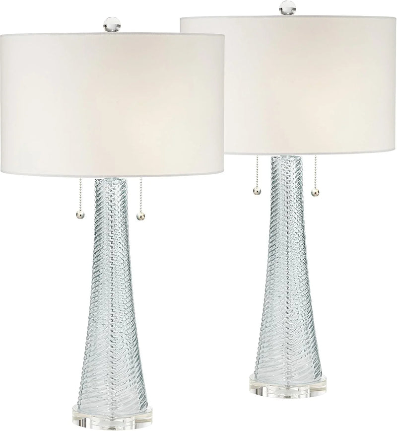 Modern desk lamp, 28.5 inches high, 2 sets. Features a sky-blue textured glass lampshade and a white cylindrical lampshade with a vortex pattern. Suitable room, bedroom, bedside table, night light, office, and home use. M7172