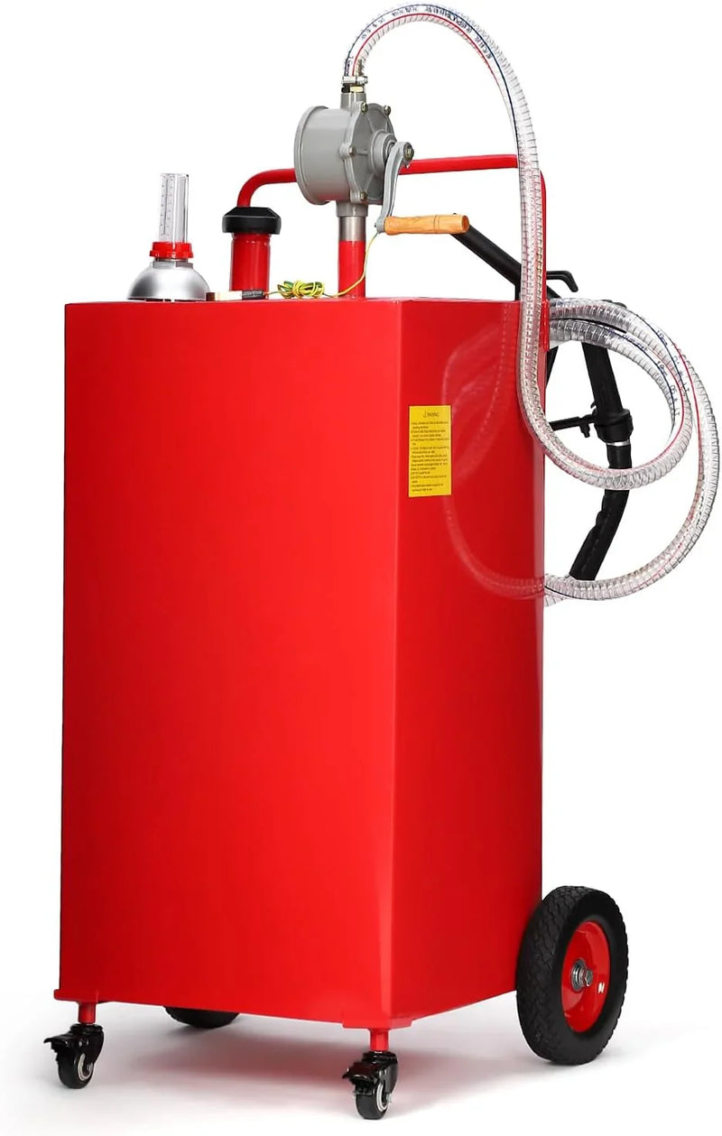 30 Gallon Fuel Caddy, Fuel Tank with Manual Transfer Pump for Gasoline & Diesel, Durable 4-Wheel Design, Mobile Fuel Storage for Cars, Trucks, Boats, Lawn Mowers, Red D2421