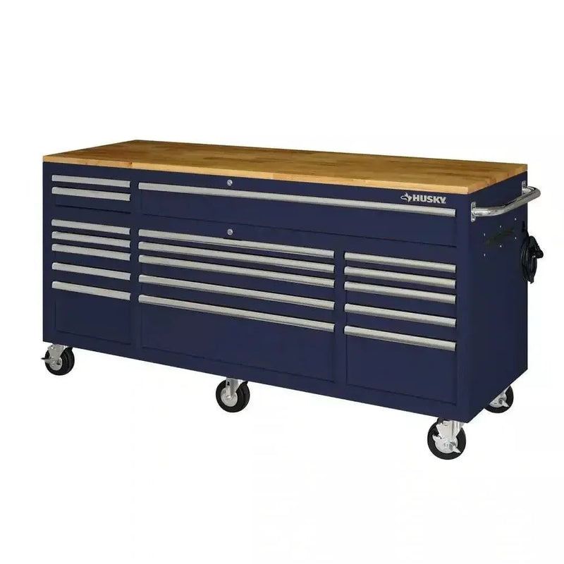 Husky 72 in. 18-Drawer Mobile Workbench with Solid Wood Top in Gloss Blue O6578