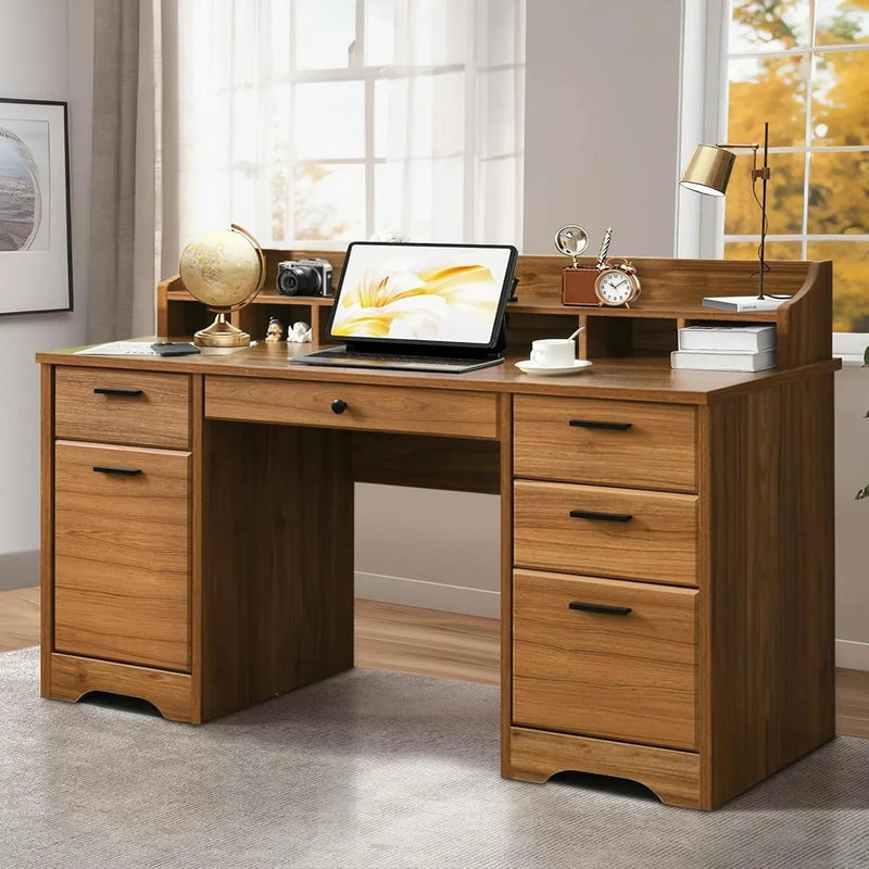 Executive Desk with Drawers, 58 Inch Desk with Storage, Wood Executive Desk with 6 Drawers, Study Desk for Bedroom, Business Furniture Desk with File Cabinet, Vintage Brown Y7779