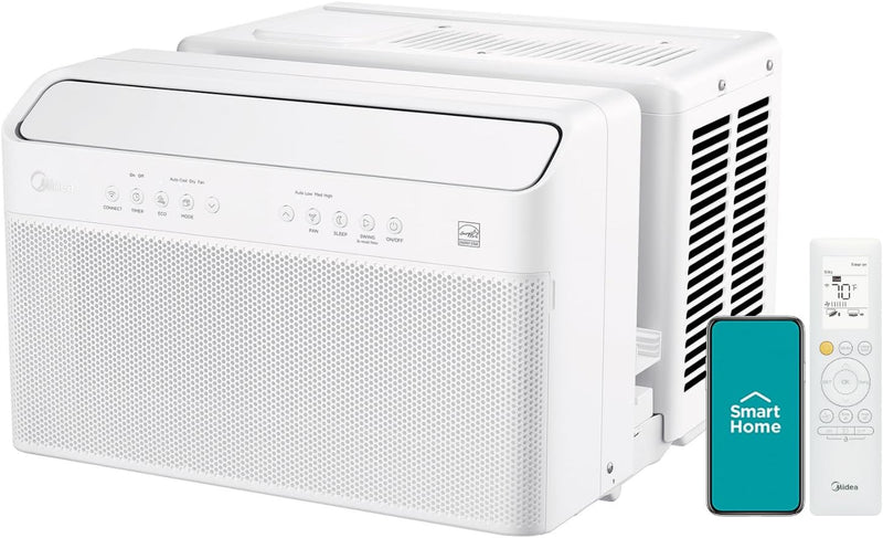 8,000 BTU U Shaped Smart Inverter Window Air Conditioner, Cools up to 350 Sq. Ft., Ultra Quiet with Open Window Flexibility, Works with Alexa/Google Assistant, 35% Energy Savings, Remote Control K1735