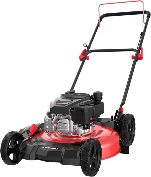 21-inch gas-powered lawn mower, equipped with a 144cc four-stroke all-terrain engine, featuring both crushing and side-discharge functions, with adjustable cutting height ranging from 6 positions. N5226