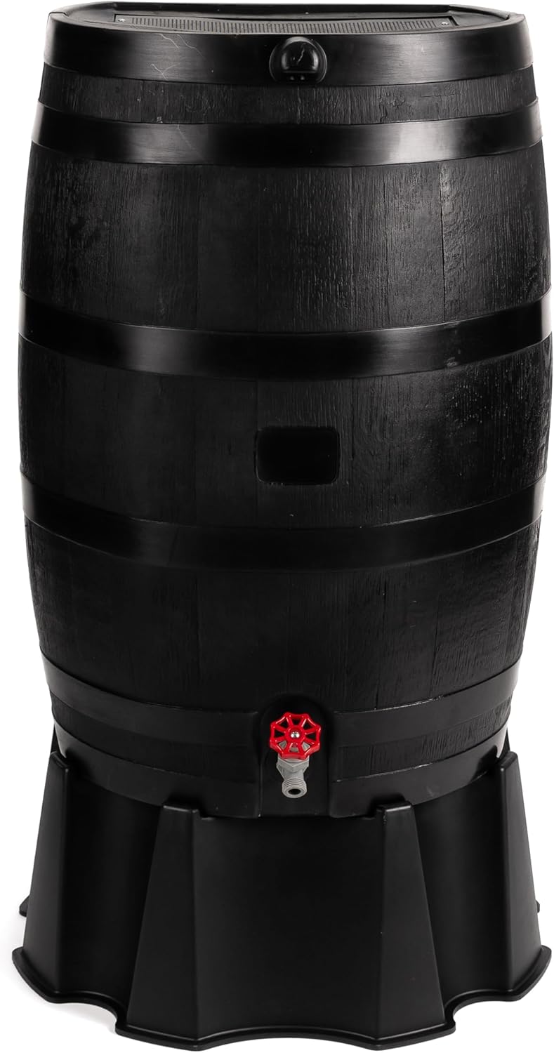 RTS Home Accents 50-Gallon ECO Rain Barrel Made with 100% Recycled Plastic, Flat Back Rain Water Collection Barrel, Black D6208