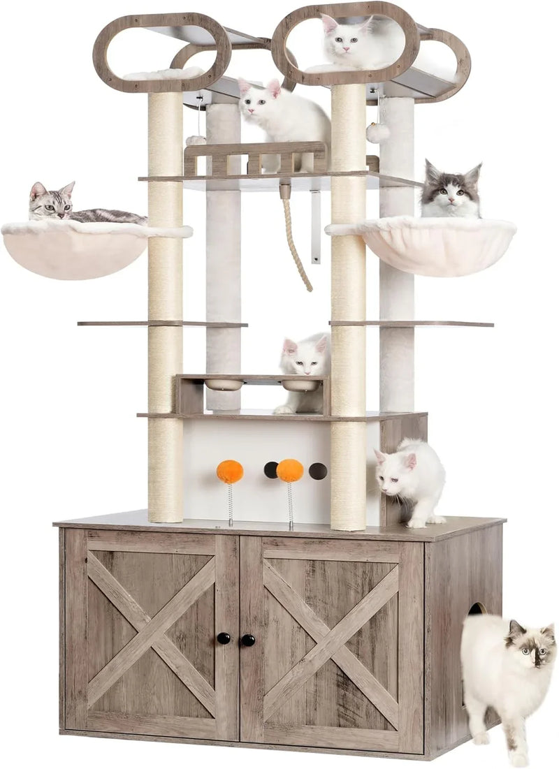 The Habori cat climbing frame with cat litter box storage box, a 76.8-inch wooden Menicos cat tower, equipped with a feeding station and a large platform, modern-style large cat apartment furniture, with a climbing column made of full B8937