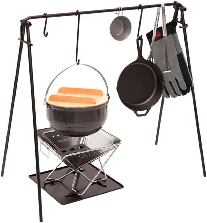 Grill Swing Campfire Cooking Stand BBQ Grill With Hooks & Accessories Bag For Outdoor Picnic Cookware & Dutch Ove (Color: Black, Size: 90x57x87cm) (Black 90x57x87cm) I9197