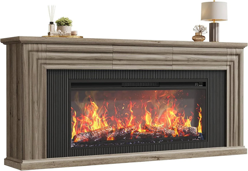 75-inch wall-mounted TV cabinet, rustic modern entertainment center with fireplace, 70-inch media cabinet with 3 drawers, featuring a recessed design, suitable for the living room, black version H3357